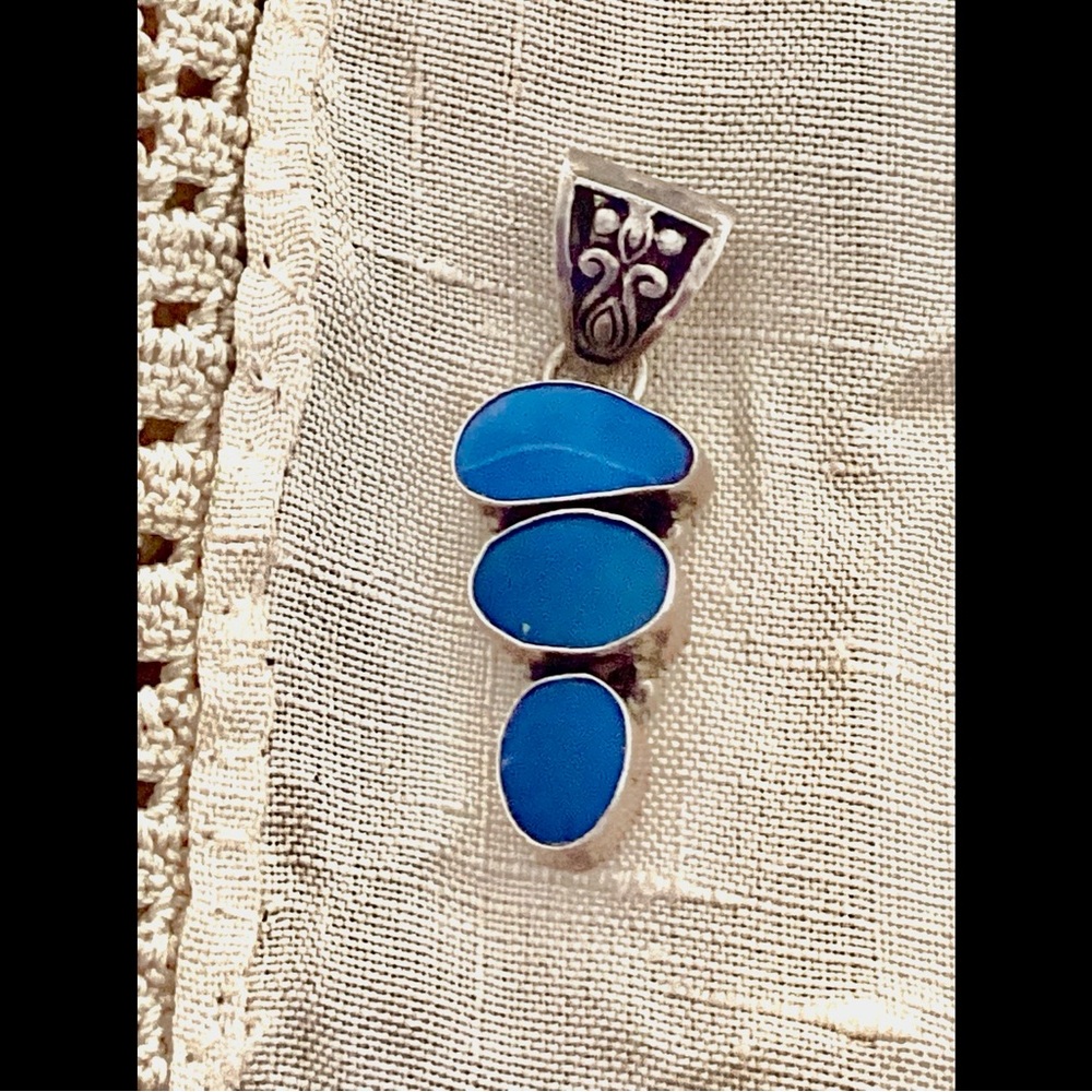 Sterling Lapis 3 Stone Pendant